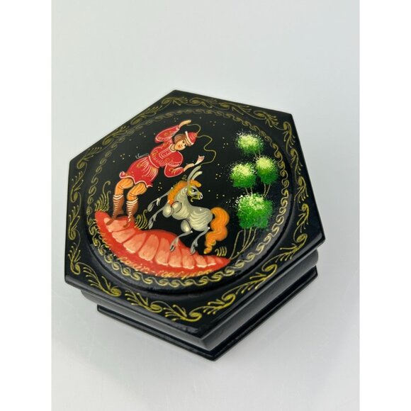 Artist Signed Russian Black Lacquer Trinket Box Hexagon Boy Donkey Pony READ - Picture 3 of 15